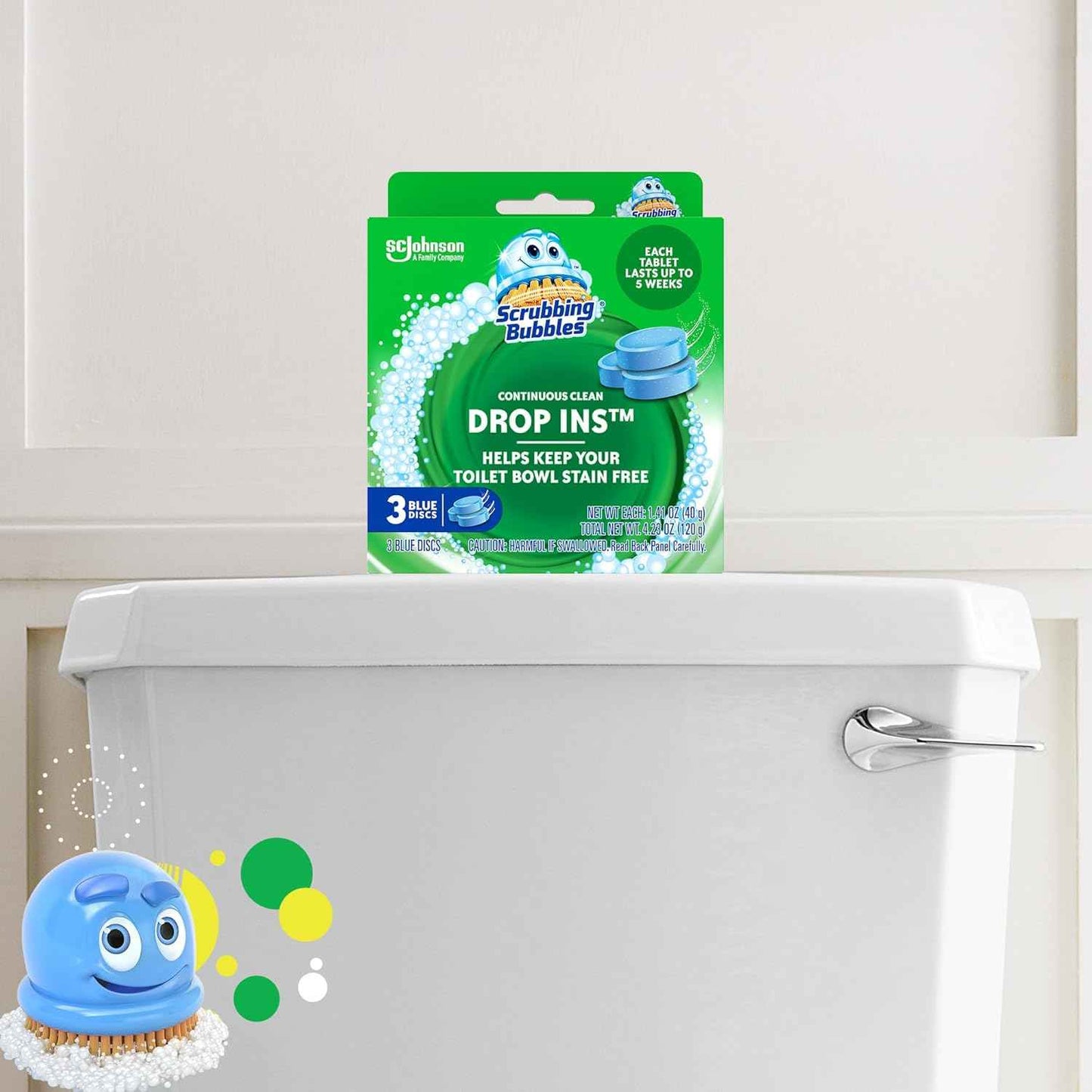 Scrubbing Bubbles Continuous Clean Toilet Drop-Ins, Automatic Blue Toilet Bowl Cleaner, Septic-Safe Tank Tablets Remove Hard Water Minerals & Limescale, Stain & Smell Protection, 3 Count