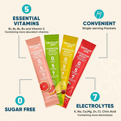 Venture Pal Sugar Free Electrolyte Powder Packets - Liquid Daily IV Hydration Packets for Rapid Rehydration | 7 Electrolytes & 5 Vitamins | Keto Friendly | Non-GMO | Vegan | Fast Dissolve | 16 Sticks