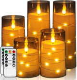 Homemory Flameless Candles with Embedded Star String Fairy Lights, Battery Operated Candles, LED Candle, Fake Candles with Remote Control and Timer, Ivory, Set of 5(H4 5" 6" 8" 8")