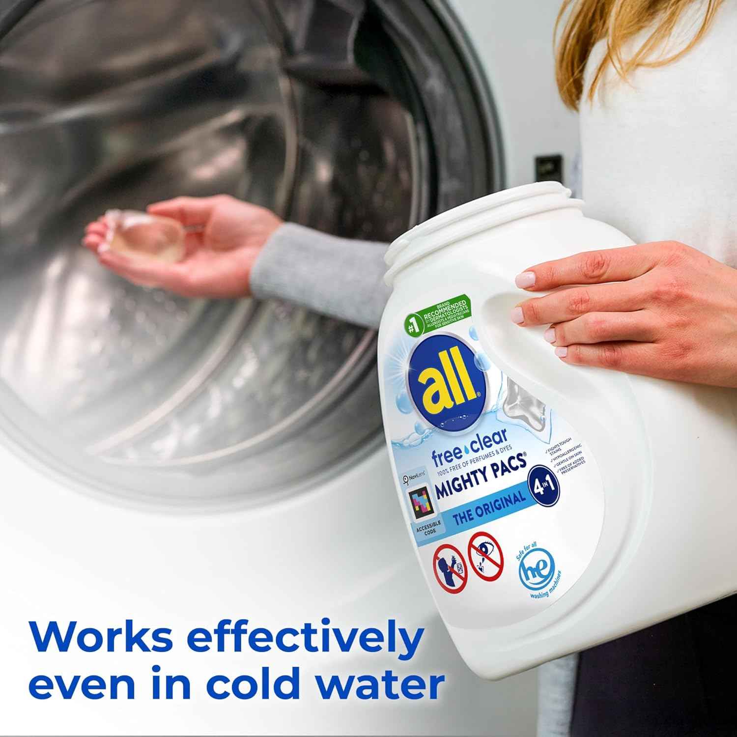 All Mighty Pacs Laundry Detergent, Free Clear for Sensitive Skin, Tub, 60 Count