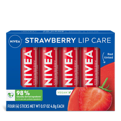 NIVEA Strawberry Lip Care, Red Tinted Lip Balm Pack with Shea Butter, Nourishing Oils and Vitamin C &amp;amp; E, 3-in-1 Moisture, Repair and Color, 0.17 Oz Stick, Pack of 4