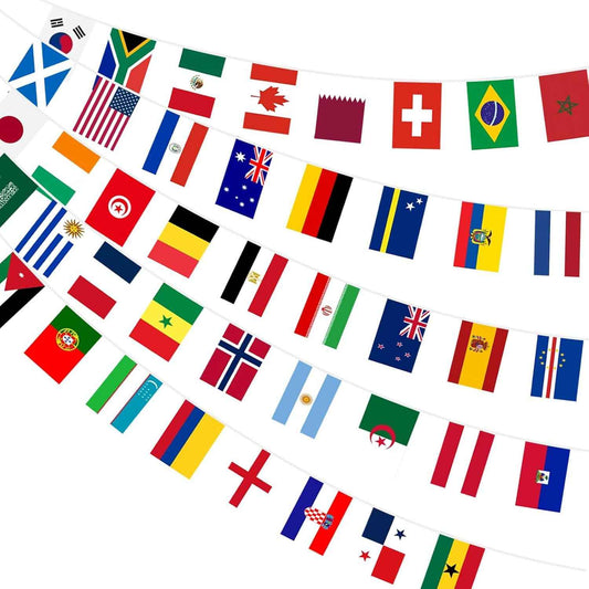 AhfuLife 48 Countries World Flag String Flags for World Cup Decorations, Double Sided Fabric Nations String Banner for Olympic Soccer Bar Club Garden Street Sports 2026 Party Decor (1 Pack, 5.5" x 8.3"-49 ft)