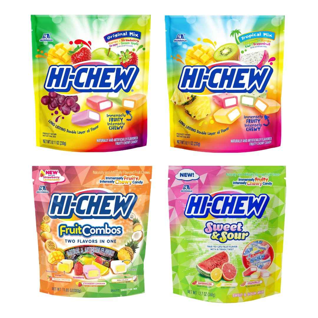 HI-CHEW Assorted, Green Apple Strawberry Mango Grape, Soft & Chewy Candy 2lb - 185+ Pieces Individually Wrapped - Made with Immensely Juicy Fruity Flavors