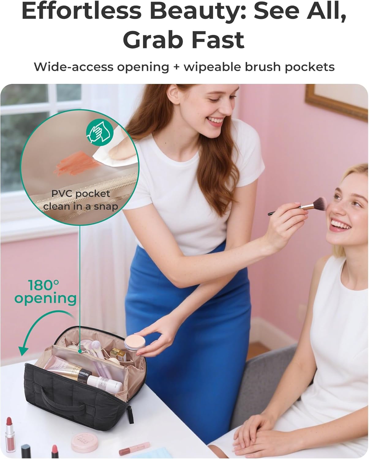 BAGSMART_Travel_Makeup_Bag_for_Women,_Portable_Water-resistant_Cosmetic_Case,_Puffy_Padded_Make_Up_Organizer_Pouch,_Open_Flat_Toiletry_Bag_for_Toiletries,_Brushes,_Brown