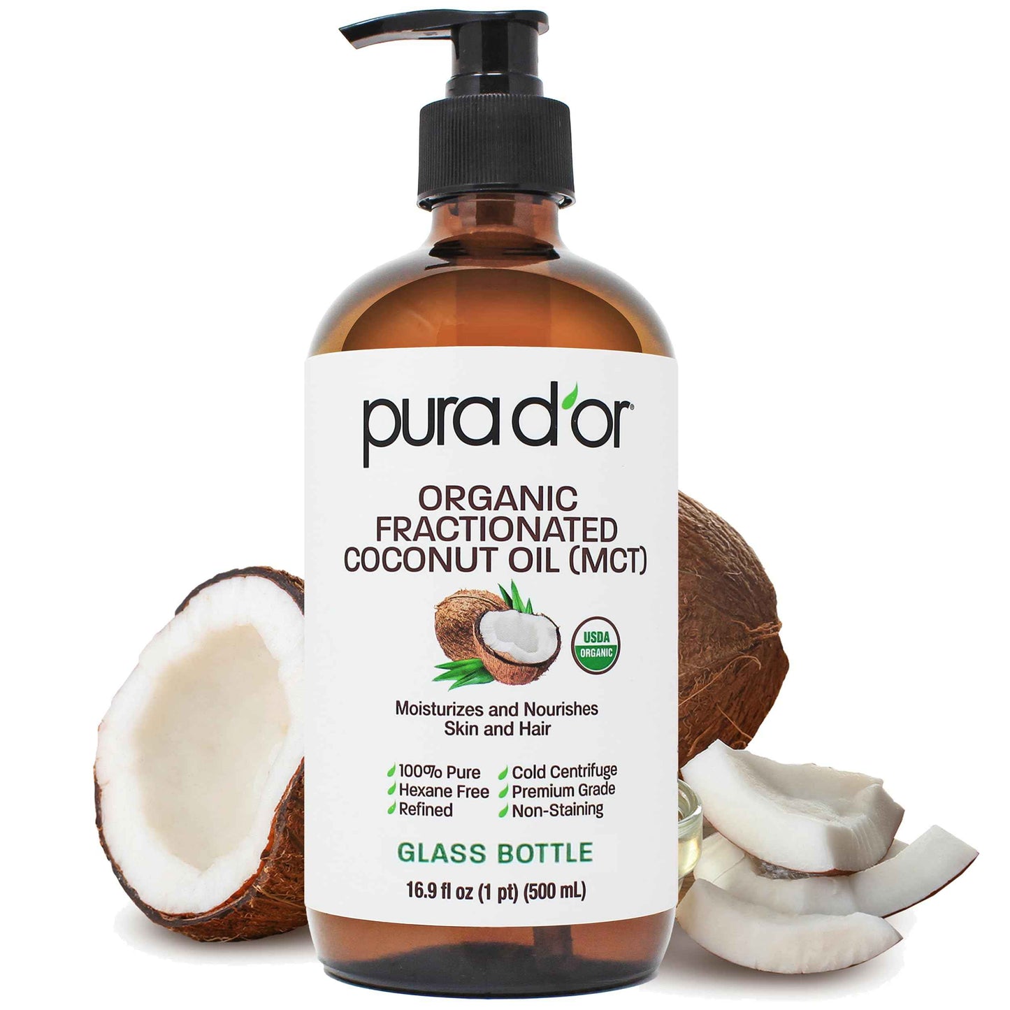PURA D'OR ORGANIC Fractionated Oil – USDA Certified – MCT Oil – Therapeutic, Hydrating, Lightweight Moisturizer – Hexane Free Carrier Oil For Essential Oils & Massage – Face, Hair & Body