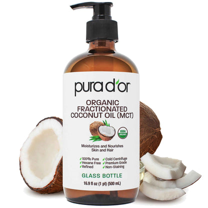 PURA D'OR ORGANIC Fractionated Oil – USDA Certified – MCT Oil – Therapeutic, Hydrating, Lightweight Moisturizer – Hexane Free Carrier Oil For Essential Oils & Massage – Face, Hair & Body