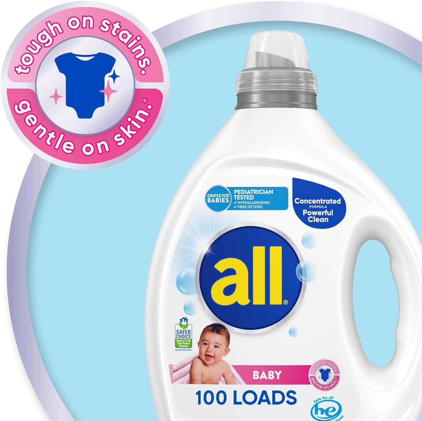 all Baby, Gentle for Baby, Liquid Laundry Detergent, Hypoallergenic for Sensitive Skin, Concentrated, 75oz, 100 Loads