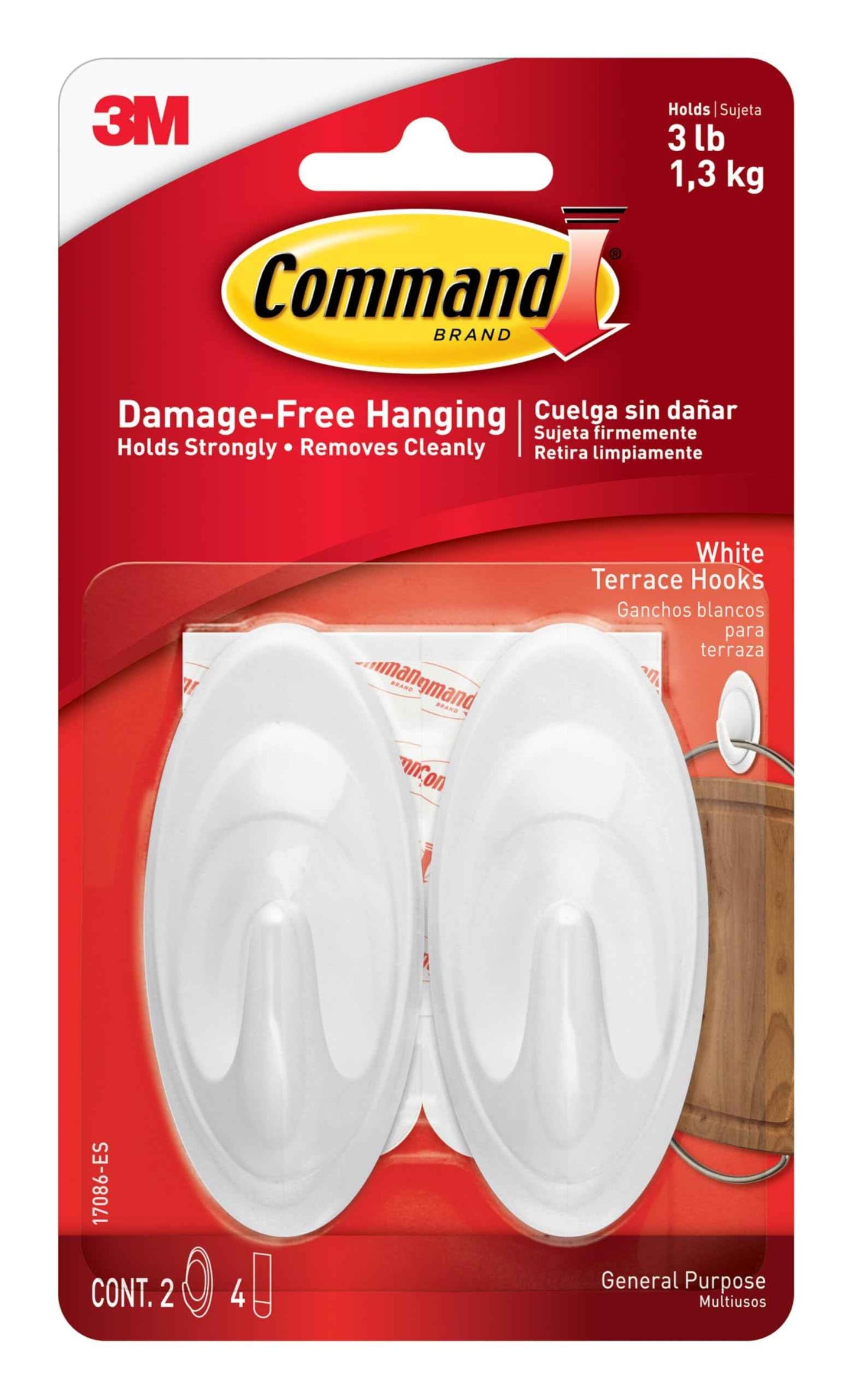 Command Terrace Hooks, 2 Hooks and 4 Strips, Damage-Free Hanging Wall Hook for Wall Decor, Holds up to 3 lb