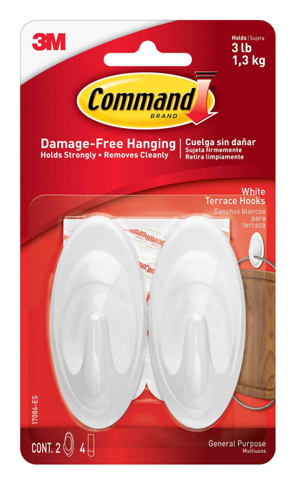 Command Terrace Hooks, 2 Hooks and 4 Strips, Damage-Free Hanging Wall Hook for Wall Decor, Holds up to 3 lb