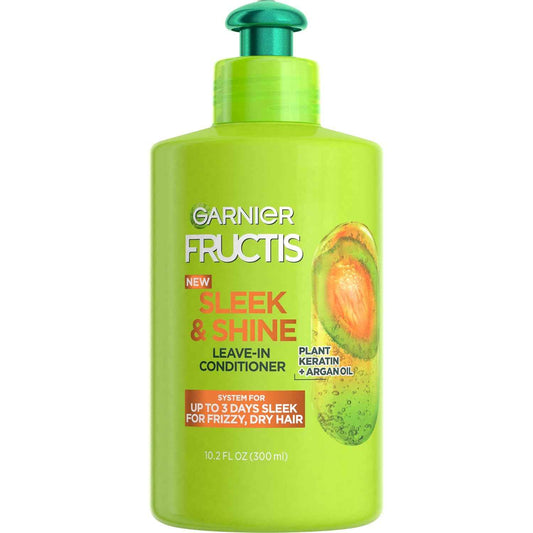 Garnier Fructis Sleek & Shine Leave-In Conditioning Cream for Frizzy, Dry Hair, Plant Keratin + Argan Oil, 10.2 Fl Oz