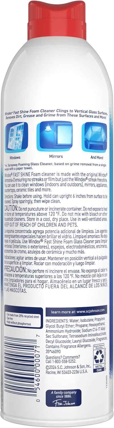 Windex Fast Shine Foam Glass Cleaner, No-Drip Windows, Doors, Mirrors & Countertops Aerosol Cleaning Spray, Streak-Free Shine, Removes Fingerprints, Dust, Dirt, Grime & More 19 oz (Pack of 6)