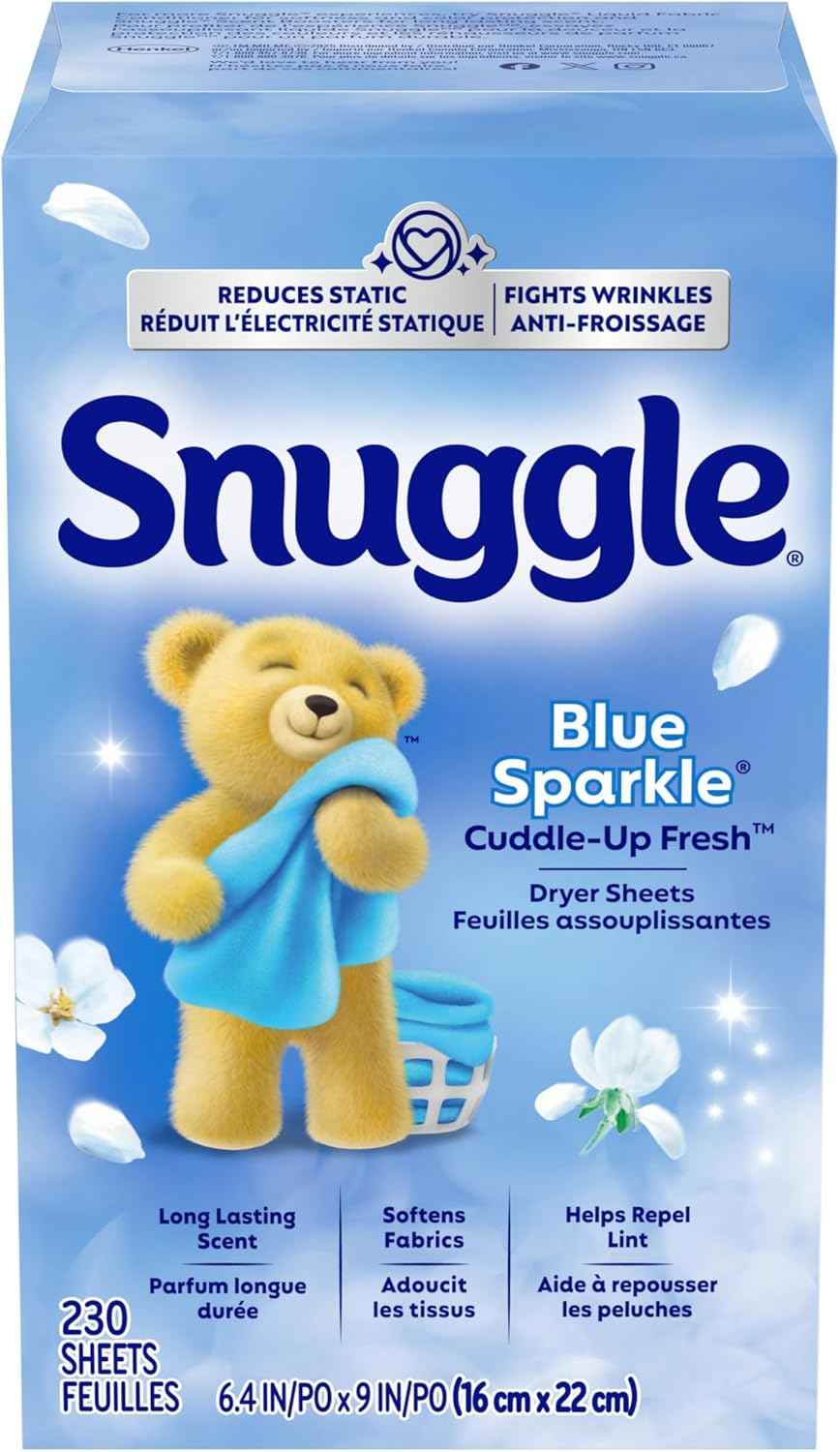 Snuggle Fabric Softener Dryer Sheets, Blue Sparkle Cuddle-Up Fresh, 230 Ct, Long-Lasting Fresh & Clean Scent, Softens Fabric, Reduces Static, Fights Wrinkles, Helps Repel Lint & Pet Hair, HE Safe