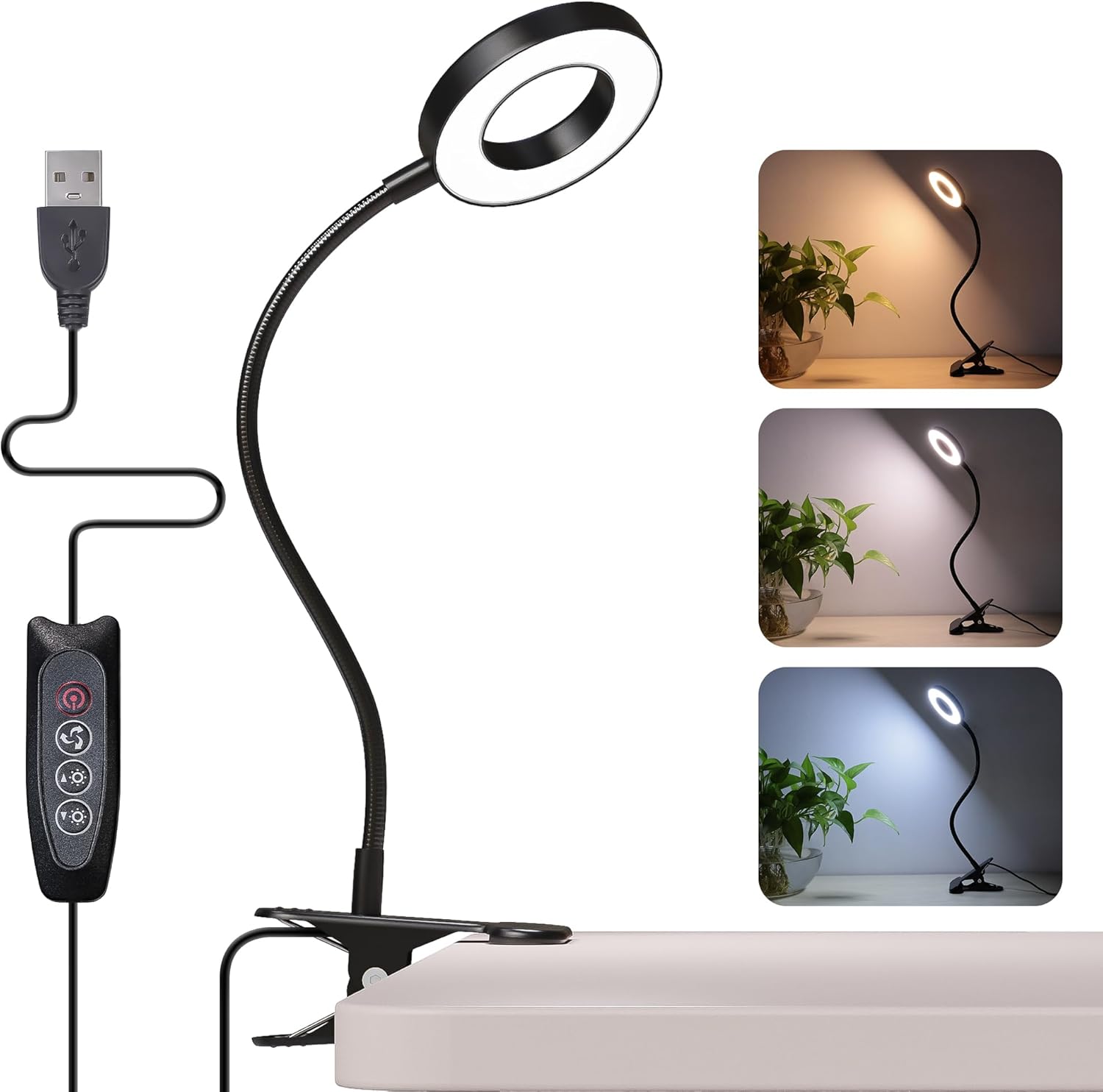 Foneso_Desk_Lamp_Clip_on_Light,_48_LED_USB_Lamp_with_3_Color_Modes_10_Brightness_Levels,_360°_Flexible_Gooseneck_Eye_Protection_Bed_Night_Light_for_Reading,_Makeup,_Craft_(Black)