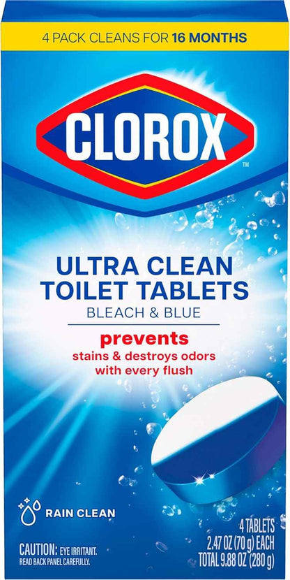 Clorox Ultra Clean Toilet Tablets Bleach & Blue, Rain Clean Scent, 2.47 Ounces Each