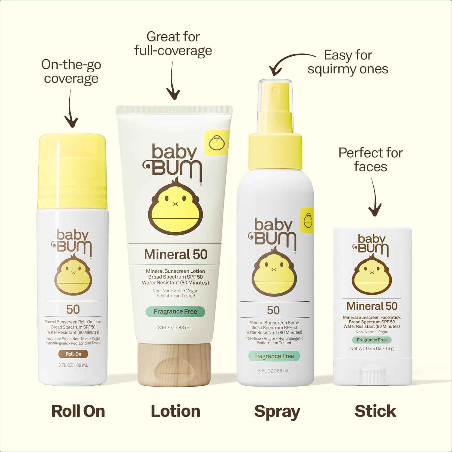 Sun Bum Baby Bum Mineral SPF 50 Roll-On Sunscreen - Vegan and Hawaii 104 Act Compliant (Without Octinoxate & Oxybenzone) - Broad Spectrum Moisturizing UVA/UVB - Travel Size - 3 oz | Mineral, Vegan, Broad Spectrum, Moisturizing, UVA/UVB