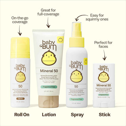 Sun Bum Baby Bum Mineral SPF 50 Roll-On Sunscreen - Vegan and Hawaii 104 Act Compliant (Without Octinoxate & Oxybenzone) - Broad Spectrum Moisturizing UVA/UVB - Travel Size - 3 oz | Mineral, Vegan, Broad Spectrum, Moisturizing, UVA/UVB