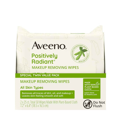 Aveeno Positively Radiant Makeup Remover Wipes, Oil Free, Alcohol Free, Non-Comedogenic Facial Cleansing Wipes, Gentle Face Wipes for Sensitive Skin, Travel Makeup Wipes