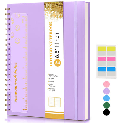 Dotted Notebook, Spiral Notebook Journal 8.5” x 11”, A4 Large Dot Grid Notebooks for Women Men, 100 GSM Dotted Paper, Plastic Hardcover Spiral Bullet Journals for Work School Sketching, Purple