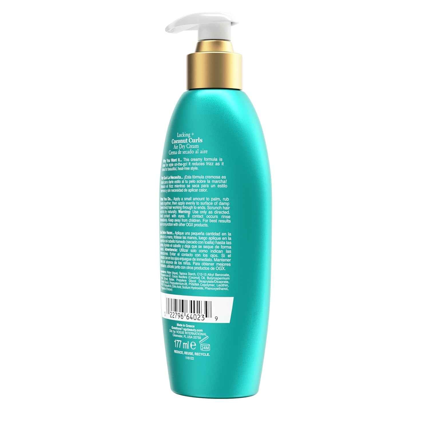 OGX Locking + Coconut Curls Air Dry Cream, No Parabens, 6 oz