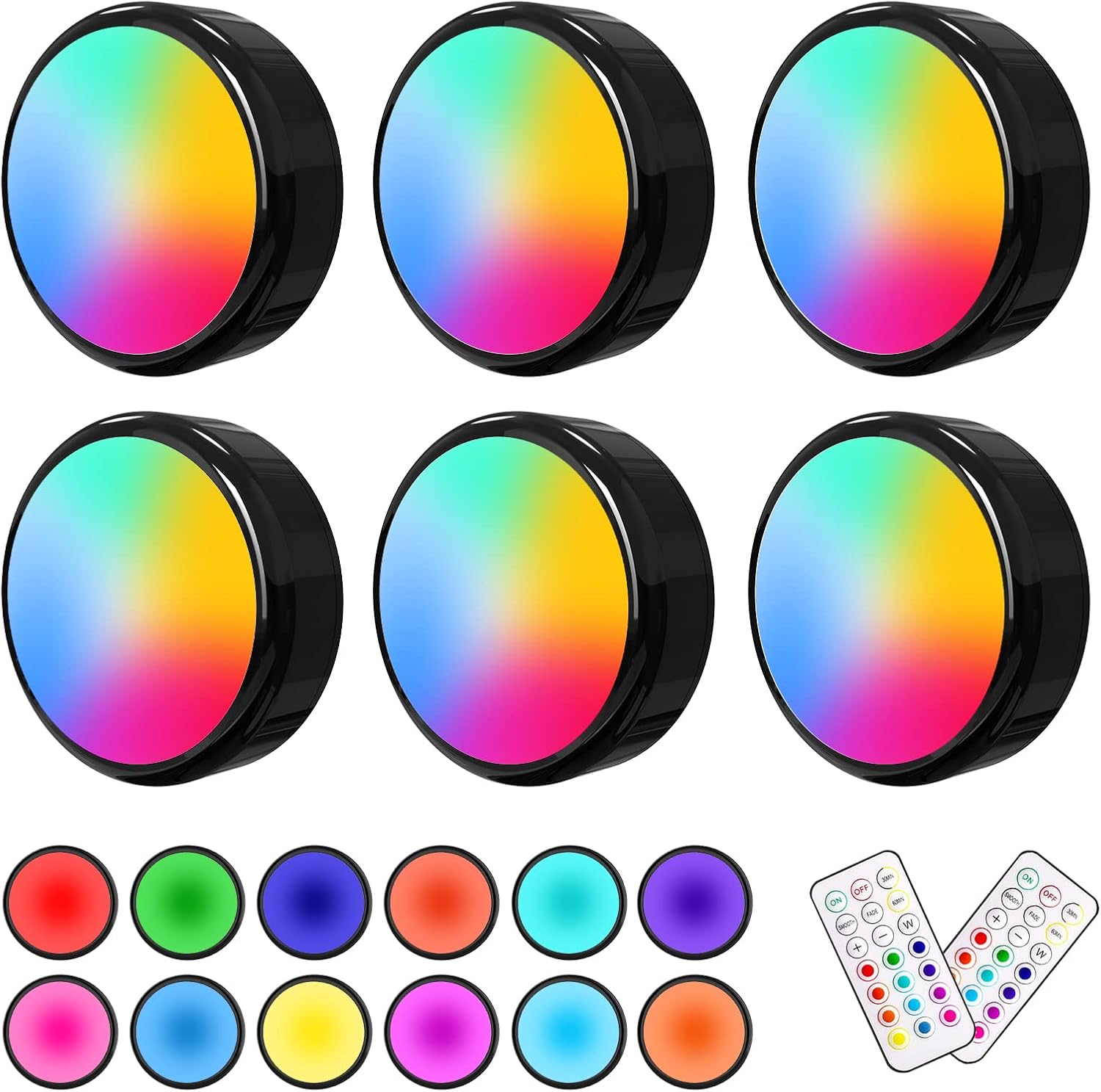 ILYXY_LED_Puck_Lights_with_Remote,_3_Pack/6_Pack_Under_Cabinet_Lighting,_Battery_Operated_Push_Light,_Dimmable_&_Color_Changing_Tap_Lights,_Stick-On,_Black/White