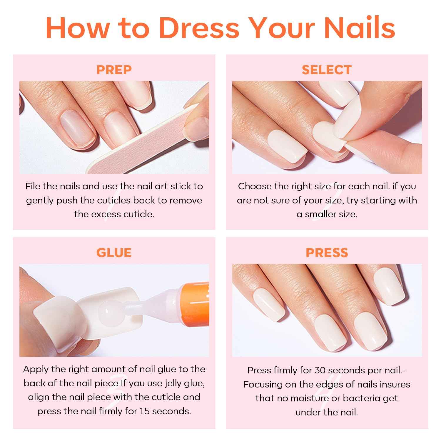 Modelones White Press on Nails, Short Square Fake Nails, Reusable Nail Kit with Nail Glue Adhesive Tabs Mini Nail File, Summer Nails Press Ons 32Pcs 16 Sizes, Women Girl Gift