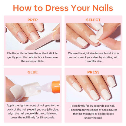 Modelones White Press on Nails, Short Square Fake Nails, Reusable Nail Kit with Nail Glue Adhesive Tabs Mini Nail File, Summer Nails Press Ons 32Pcs 16 Sizes, Women Girl Gift