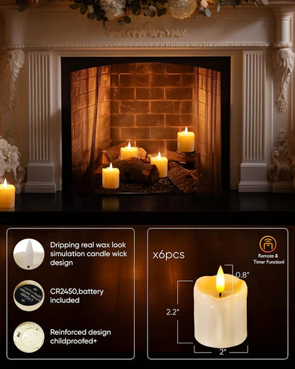 Homemory_2"_x_2"_Timer_Remote_Control_Flickering_Flameless_Votive_Candles,_Realistic_Battery_Operated,_6Pack_3D_Wick_Electric_Fake_for_Christmas,_Wedding,_Home_Decorations