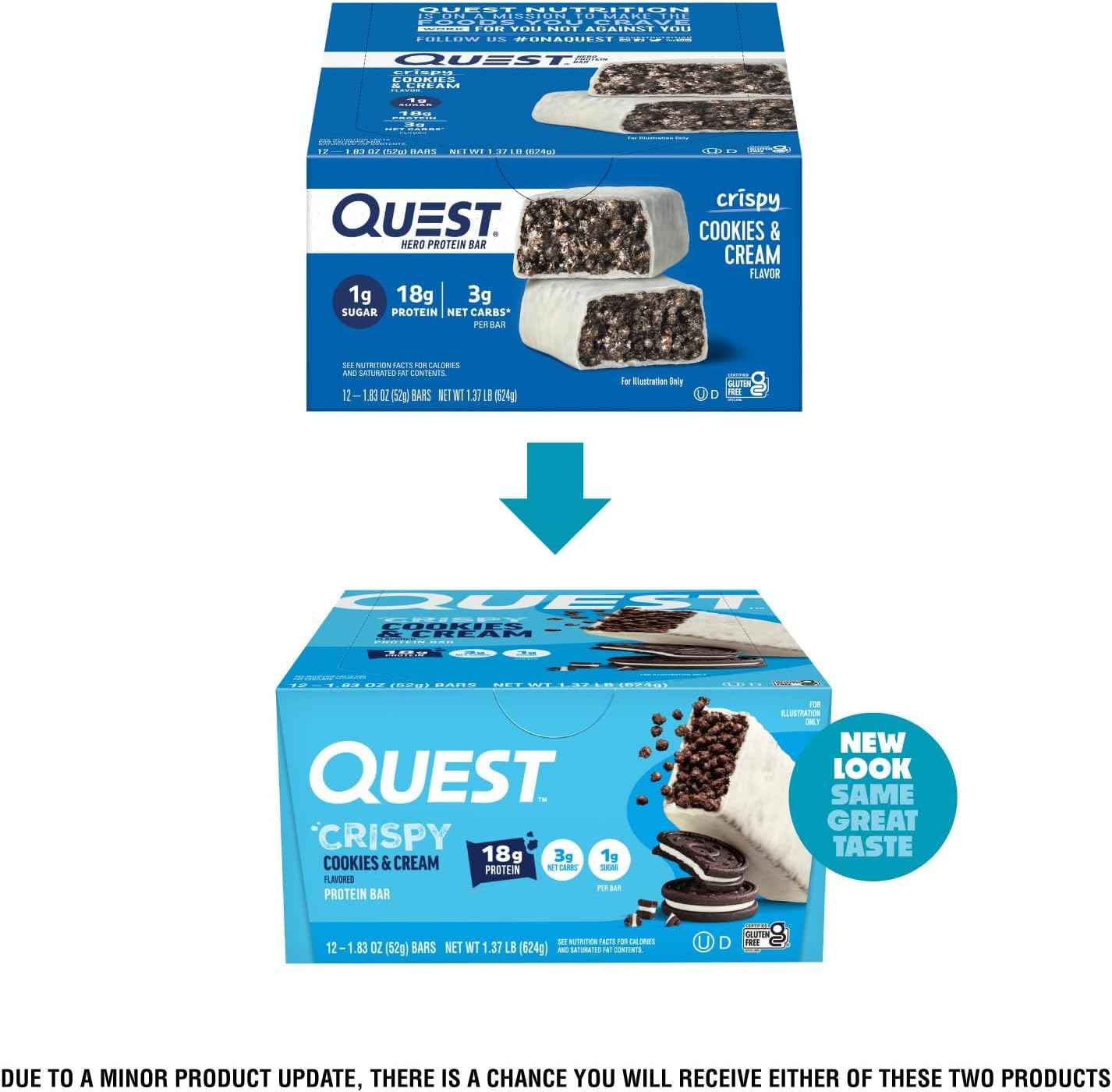 Quest Nutrition Crispy Cookies & Cream Hero Protein Bar, 18g Protein, 1g Sugar, 3g Net Carb, Gluten Free, Protein Snack, Keto Friendly, 12 Count