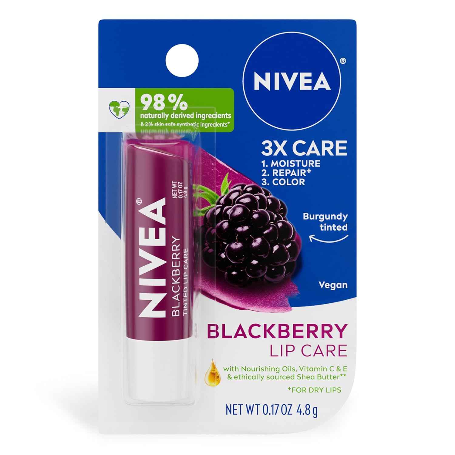 NIVEA Lip Care, Tinted Lip Balm with Shea Butter, Nourishing Oils and Vitamin C & E, 3-in-1 Moisture, Repair (for Dry Lips) and Colo