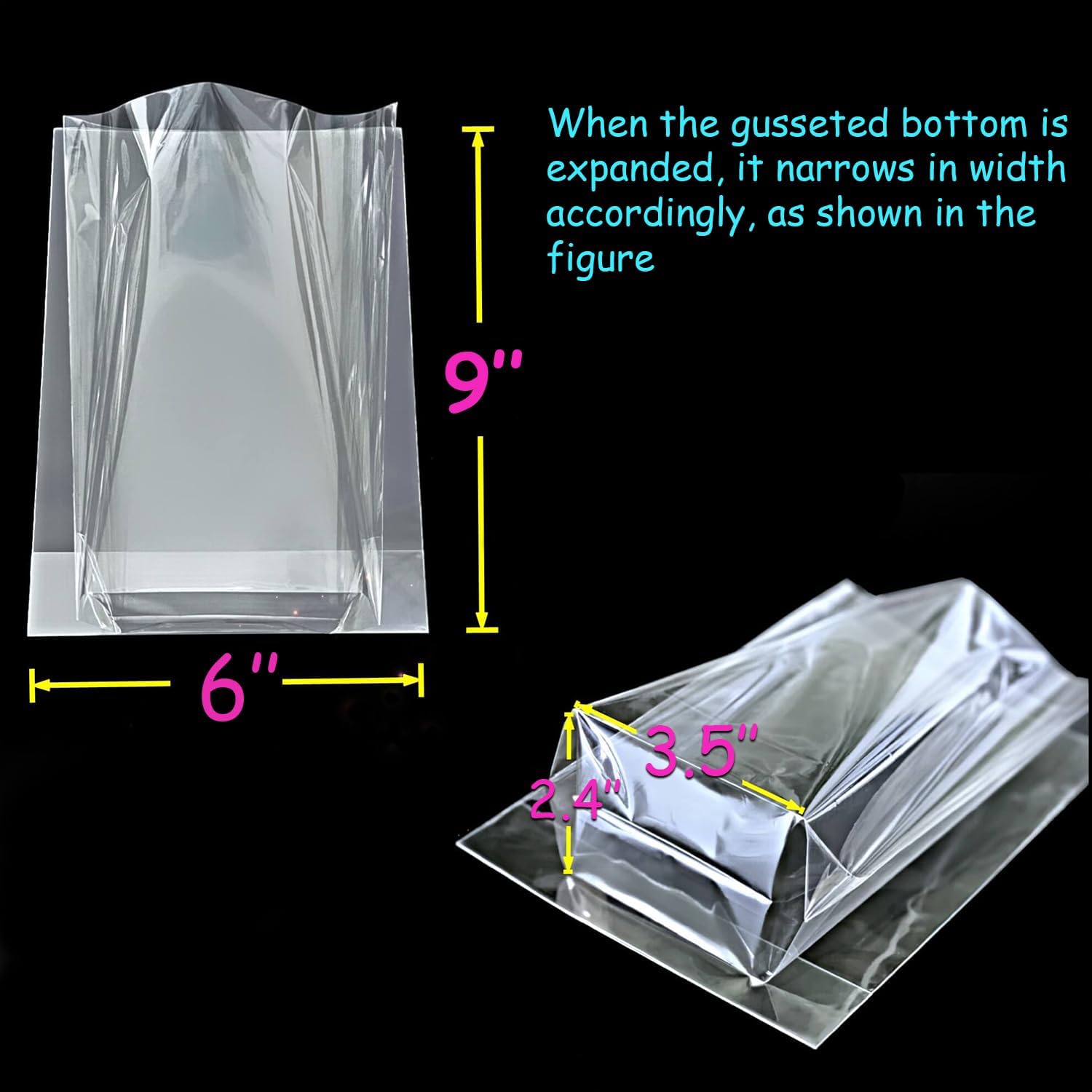 PigPotParty_Cellophane_Treat_Bags_6"x9",_50_Pack_Clear_Goodie_Bags,_2.4"_Bottom_Gusset_for_Stand-Up_Display,_Small_Plastic_Gift_Wrap_for_Cookies,_Candy,_Party_Favors,_Popcorn,_Includes_50_Gold_Ties