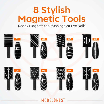 modelones Cat Eye Magnet Set, 15PCS French Cateye Gel Nail Polish Magnet Nail Art Tools Set Heart Magnet for Cat Eye Magnet Square Round Magnet Stick Diverse Glassy Cateye Effect for Women