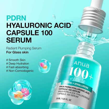 Anua PDRN Hyaluronic Acid Capsule 100 Serum, Radiant Face Serum, Salmon DNA, Hyaluronic Acid, Hydration, Moisture Plumping Effect, Lightweight, Glass Skin, Korean Skincare, 1.01 fl. oz