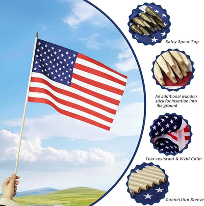 12x18 Inch American Flags on Stick - Patriotic American Flags for Outside, USA Stick Flag Perfect for Independence Day, Memorial Day, 4th of July Decorations