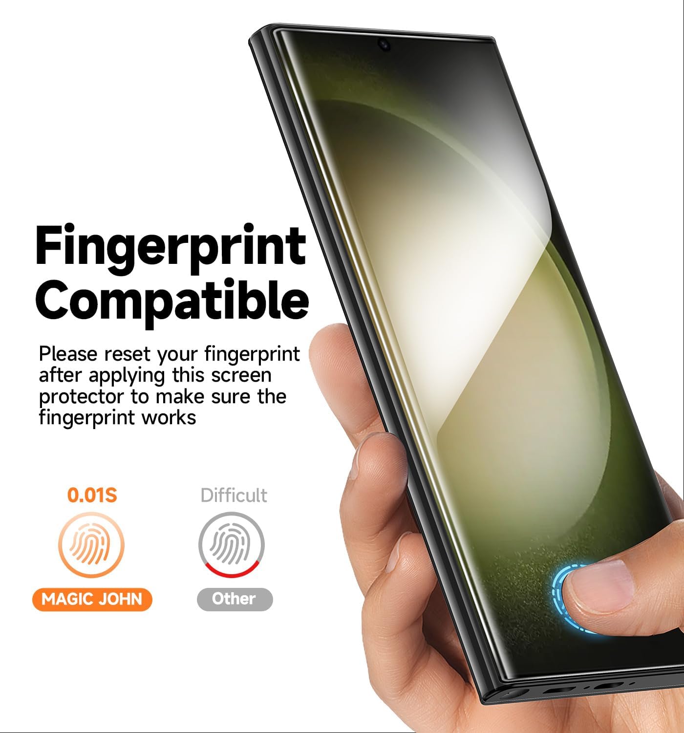 MAGIC_JOHN_2_Pack_for_Samsung_Galaxy_S23_Ultra_Screen_Protector_[PET_Film_Material_Not_Glass]_6.8_inch,[100%_Fingerprint_ID_Compatible]_Easy_Installation_Tray,_Shock-Resistant,_3D_Curved,_Bubble_Free,_Scratch_Proof,_HD_Clear,_Case_Friendly
