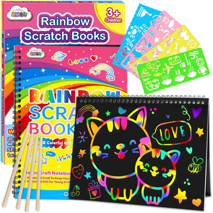 ZMLM Scratch Paper Art-Crafts Gift: 2 Pack Rainbow Notebooks Supplies Toys Easter Basket Stuffers for 3 4 5 6 7 8 9 10 Years Old Girls and Boys Kids Valentine's Day Birthday Party Travel Games
