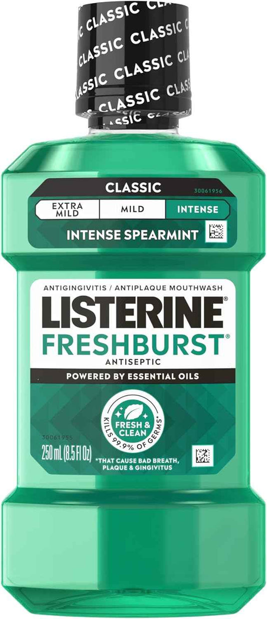 Listerine Freshburst Intense Antiseptic Mouthwash for Bad Breath, Kills 99.9% of Germs that Cause Bad Breath & Fight Plaque & Gingivitis, ADA Accepted Mouthwash, Intense Spearmint, 250 mL