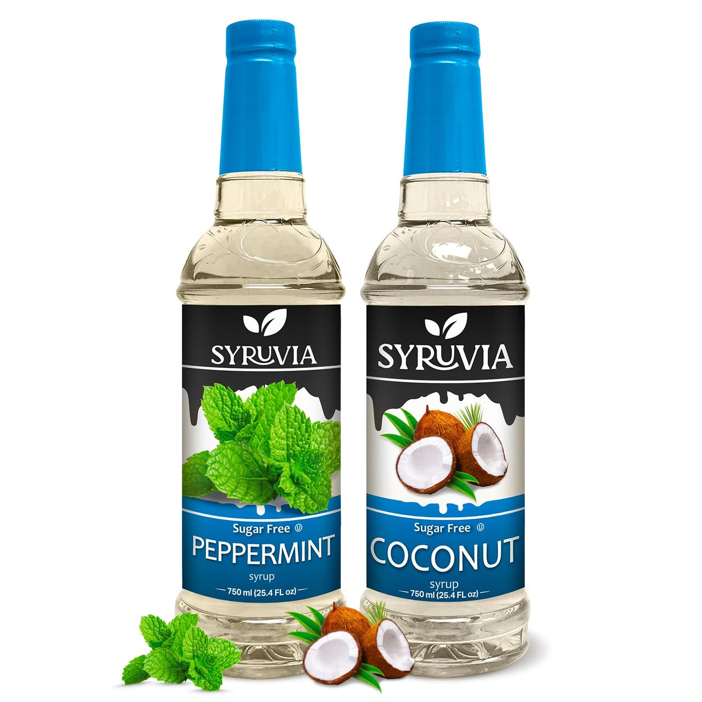 Syruvia Sugar-Free Fruit Flavors Variety Pack Peppermint &amp;amp; Coconut Syrup - 0 Calorie - for Tea, Italian Sodas, Beverages, Desserts, Ice Cream, Cocktails &amp;amp; Mocktails, Kosher, 25.4 fl oz. (2-Pack)