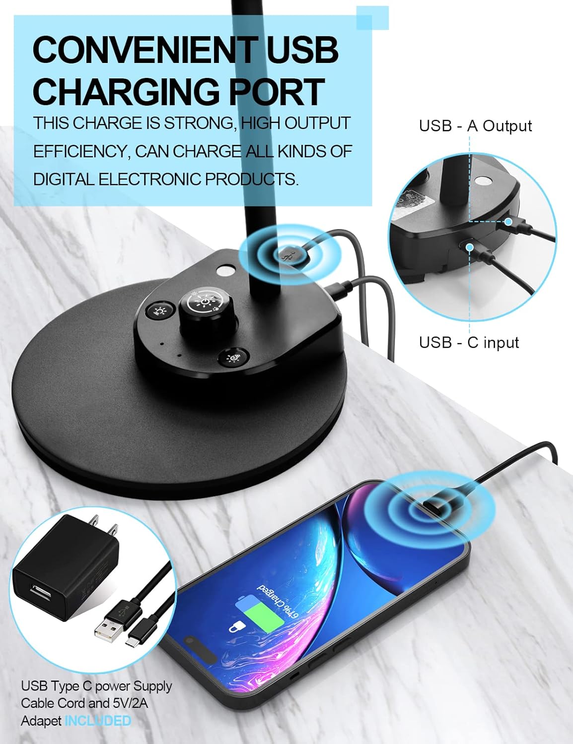BOHON_LED_Desk_Lamp_with_USB_Charging_Port_3_Color_Modes_Dimmable_Reading_Light_Intelligent_Induction_Auto_Dimming_Task_Lamp_Neck_Flexible_Table_Lamp_for_Bedside_Office,_AC_Adapter_Include