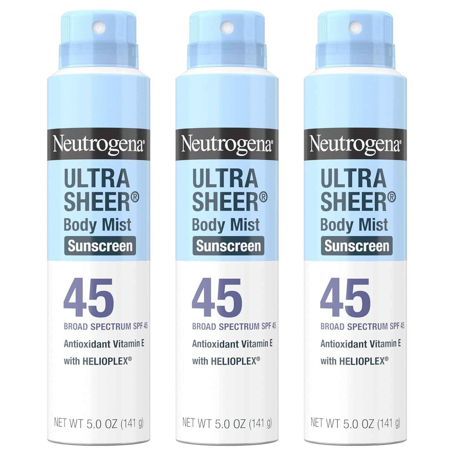 Neutrogena Ultra Sheer Sunscreen Spray SPF 45 Body Mist, Lightweight Non-Greasy Broad Spectrum UVA/UVB Protection, Oil-Free & Non-Comedogenic Water Resistant Spray Sunscreen (80 min), Pack of 3, 5 oz