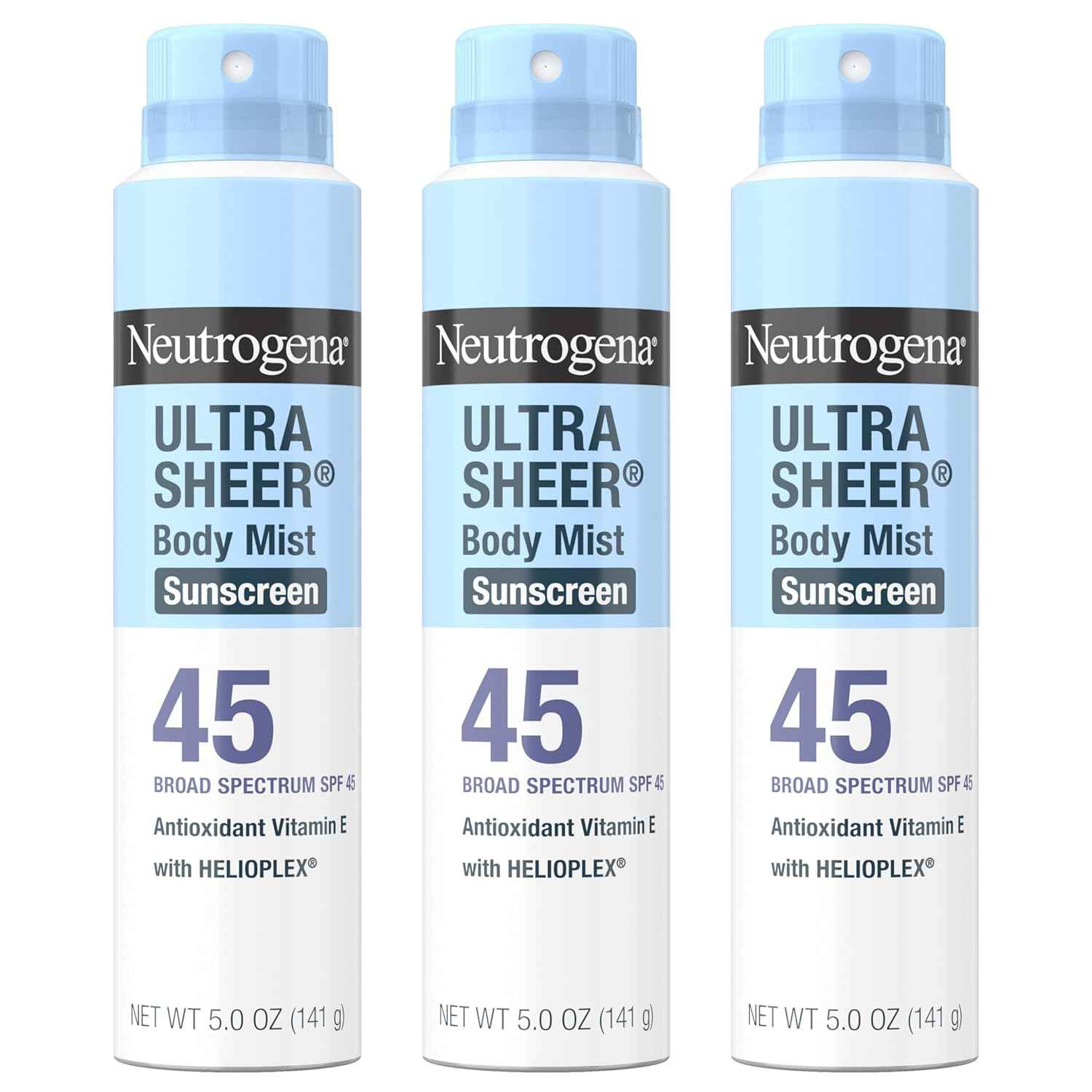 Neutrogena Ultra Sheer Sunscreen Spray SPF 45 Body Mist, Lightweight Non-Greasy Broad Spectrum UVA/UVB Protection, Oil-Free & Non-Comedogenic Water Resistant Spray Sunscreen (80 min), Pack of 3, 5 oz
