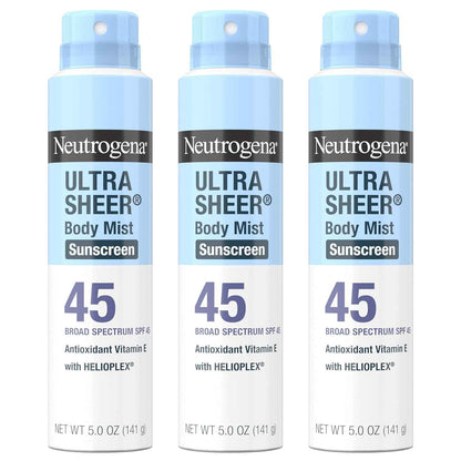 Neutrogena Ultra Sheer Sunscreen Spray SPF 45 Body Mist, Lightweight Non-Greasy Broad Spectrum UVA/UVB Protection, Oil-Free & Non-Comedogenic Water Resistant Spray Sunscreen (80 min), Pack of 3, 5 oz