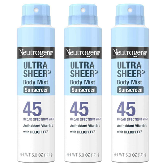 Neutrogena Ultra Sheer Sunscreen Spray SPF 45 Body Mist, Lightweight Non-Greasy Broad Spectrum UVA/UVB Protection, Oil-Free & Non-Comedogenic Water Resistant Spray Sunscreen (80 min), Pack of 3, 5 oz
