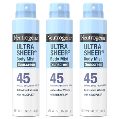 Neutrogena Ultra Sheer Sunscreen Spray SPF 45 Body Mist, Lightweight Non-Greasy Broad Spectrum UVA/UVB Protection, Oil-Free & Non-Comedogenic Water Resistant Spray Sunscreen (80 min), Pack of 3, 5 oz