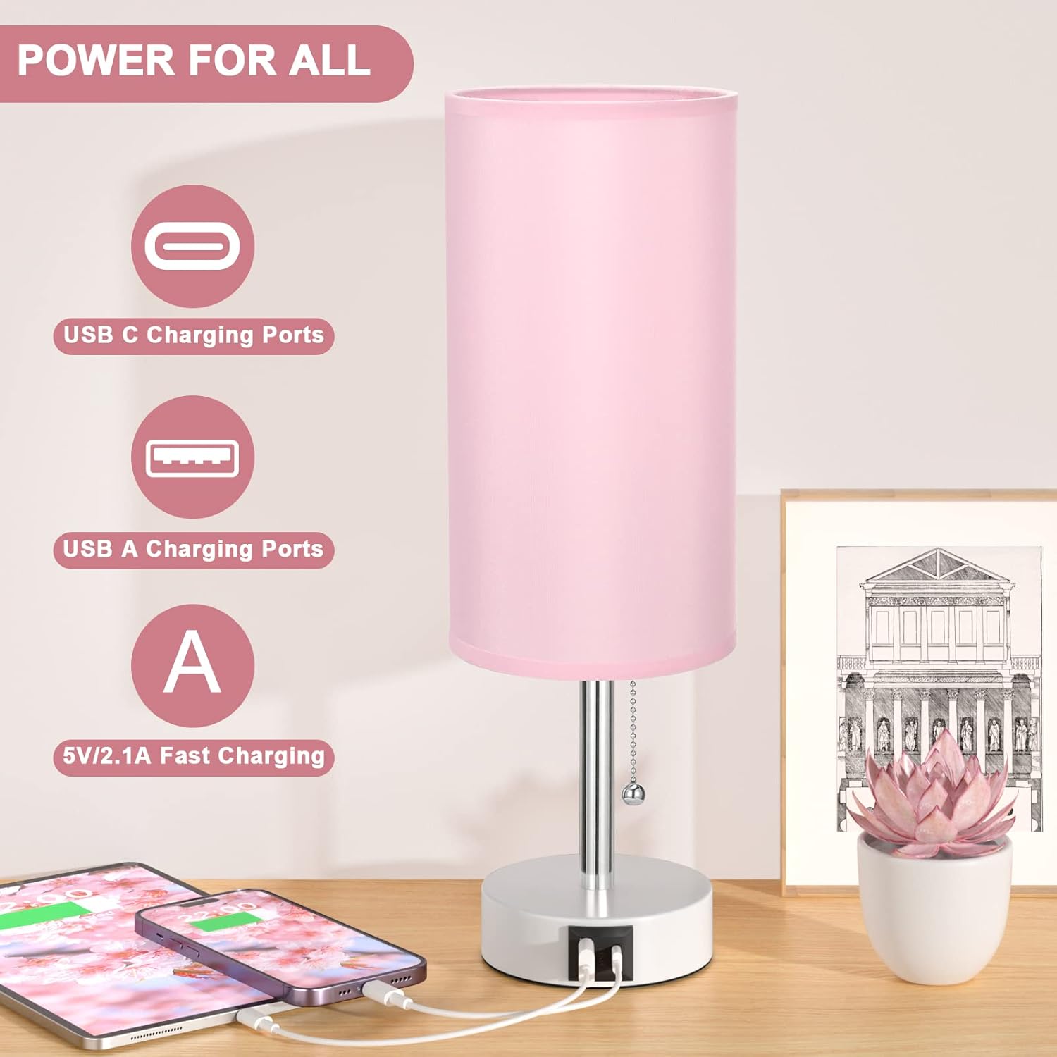 Hong-in_Pink_Bedside_Lamp_-_3_Color_Modes,_Small_Lamp_with_USB-C_and_USB-A_Charging_Ports,_Pull_Chain,_Nightstand_Light_for_Bedroom,_Office,_Kids_Room_(Bulb_Included)