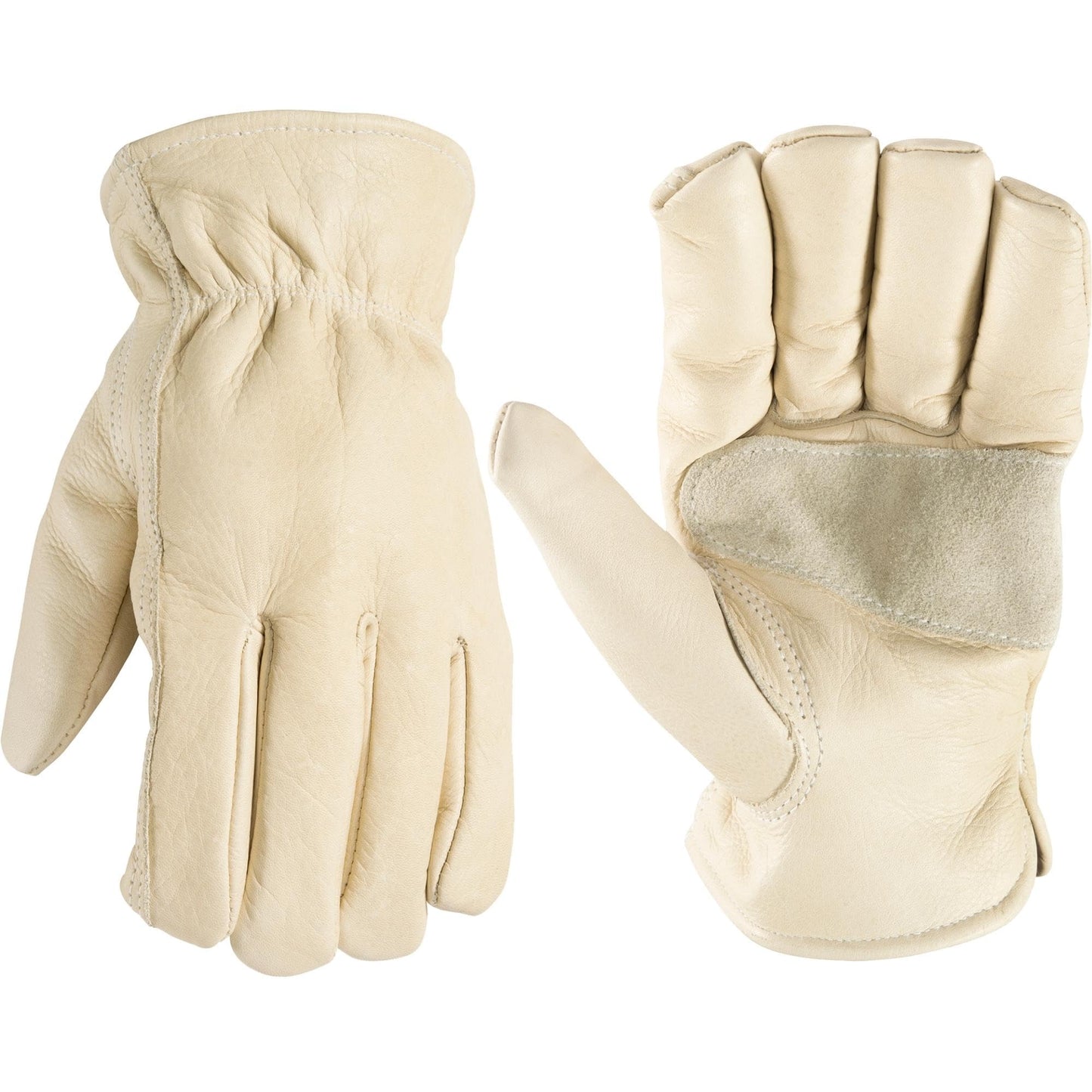 Wells Lamont Leather Work Gloves for Men – Grain Cowhide, Reinforced Palm – Ideal for Construction, Farming, Ranching – Ergonomic Fit, Keystone Thumb, Elasticized Wrist – Beige, XX-Large (1130XX)