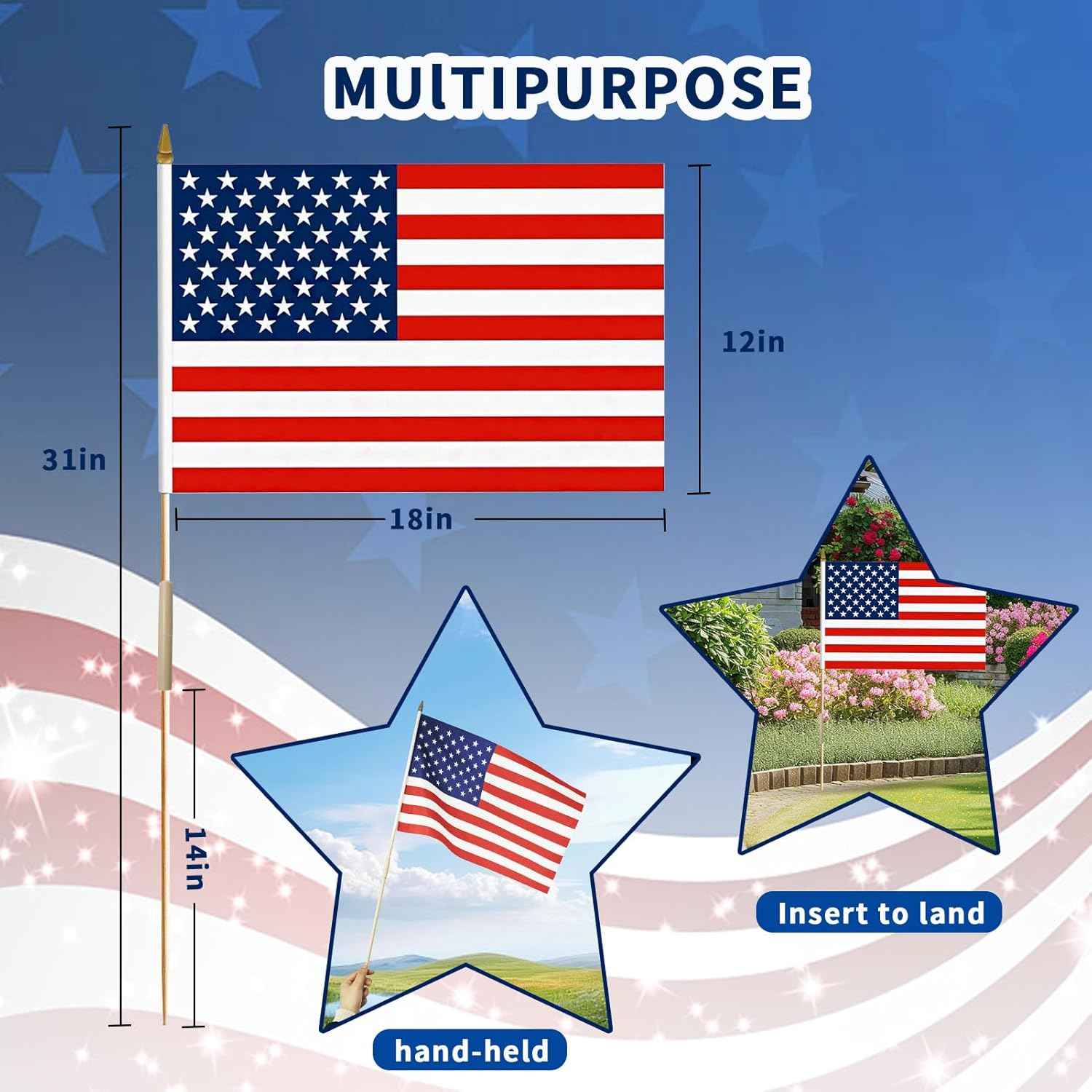 12x18 Inch American Flags on Stick - Patriotic American Flags for Outside, USA Stick Flag Perfect for Independence Day, Memorial Day, 4th of July Decorations