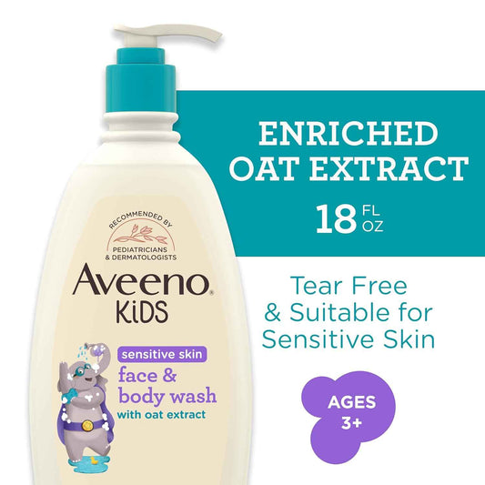 Aveeno Kids Sensitive Skin Face and Body Wash with Oat Extract, Gently Washes Away Dirt and Germs Without Drying, Tear-Free, Hypoallergenic Kids Body Wash, 18 fl. oz