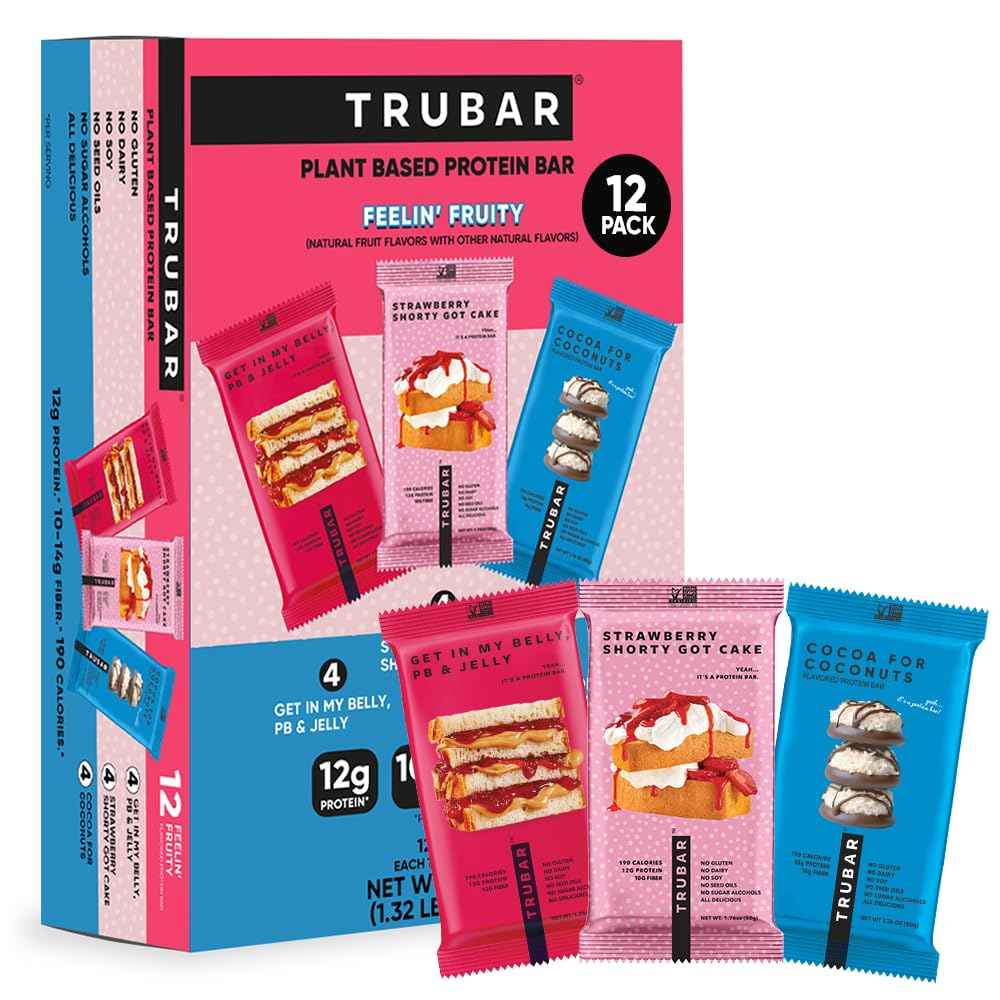 TRUBAR Vegan Protein Bar, Assorted Flavors, Gluten Free, Vegan Protein Snacks, 12G Plant-Based Protein, High Fiber, Healthy Protein Bars