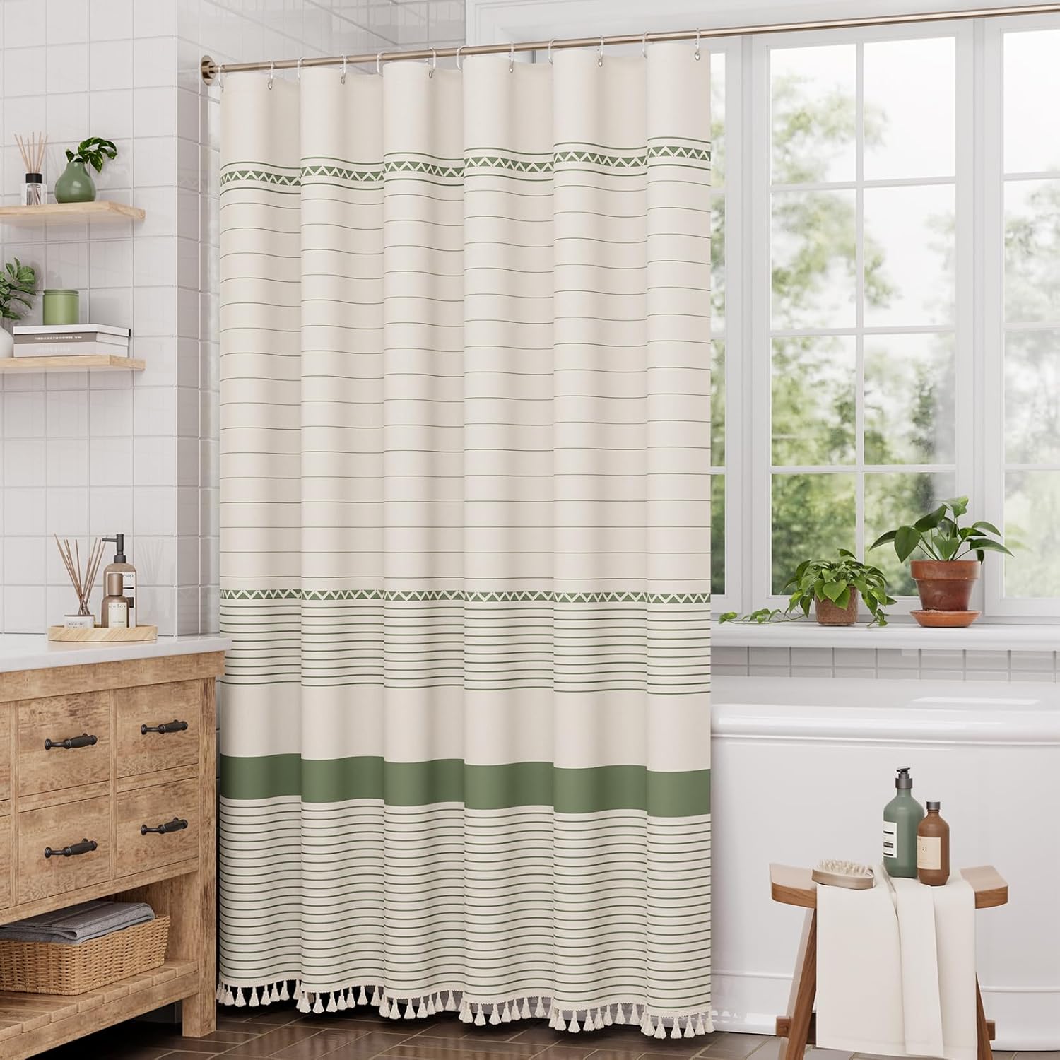 AmazerBath_Boho_Shower_Curtain,_Modern_Farmhouse_Shower_Curtain_Set_with_Tassels,_Rustic_Faux_Linen_Green_Striped_Shower_Curtain_with_Hooks,_Light_Tan_Toned,_72x72_Inches