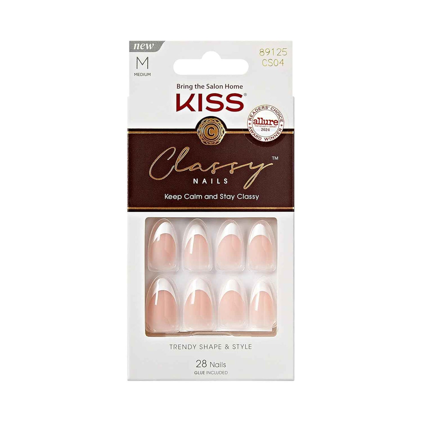 KISS Classy, Press On Nails, Nail glue included, White, Medium Size, Almond Shape, Includes 28 Nails, 2g glue, 1 Manicure Stick, 1 Mini File